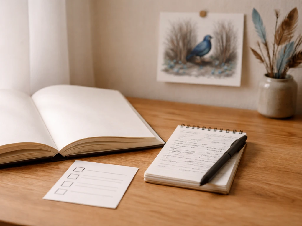 Open book and handwritten notes on a desk with a bower bird themed checklist in the background.