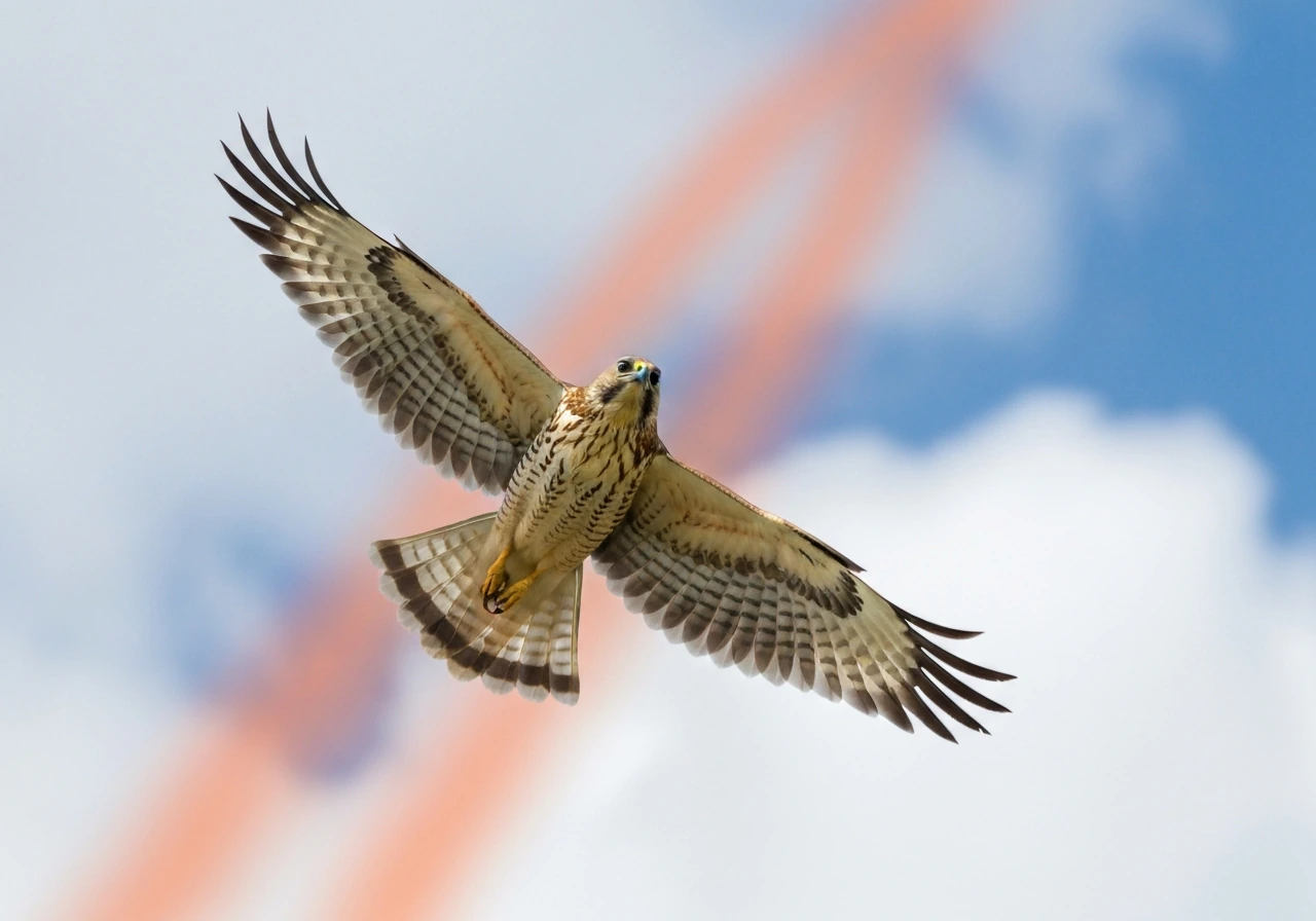A hawk soars on rising warm air, gliding with wings spread against a clear sky.