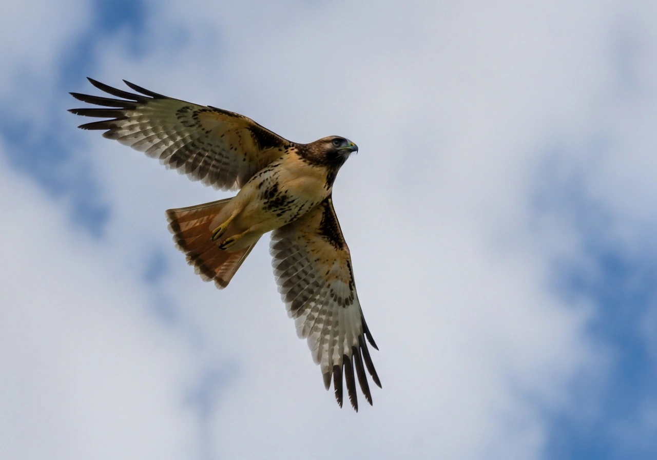 A red-tailed hawk soaring high with a sharp silhouette against a cloudy sky.