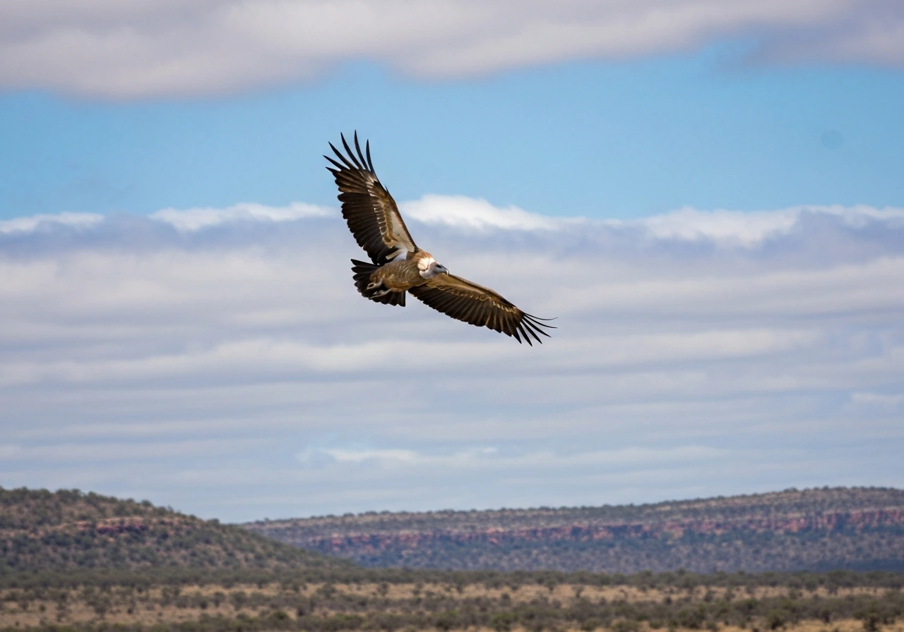 A vulture gliding high above rugged terrain, riding warm thermals in expansive sky.