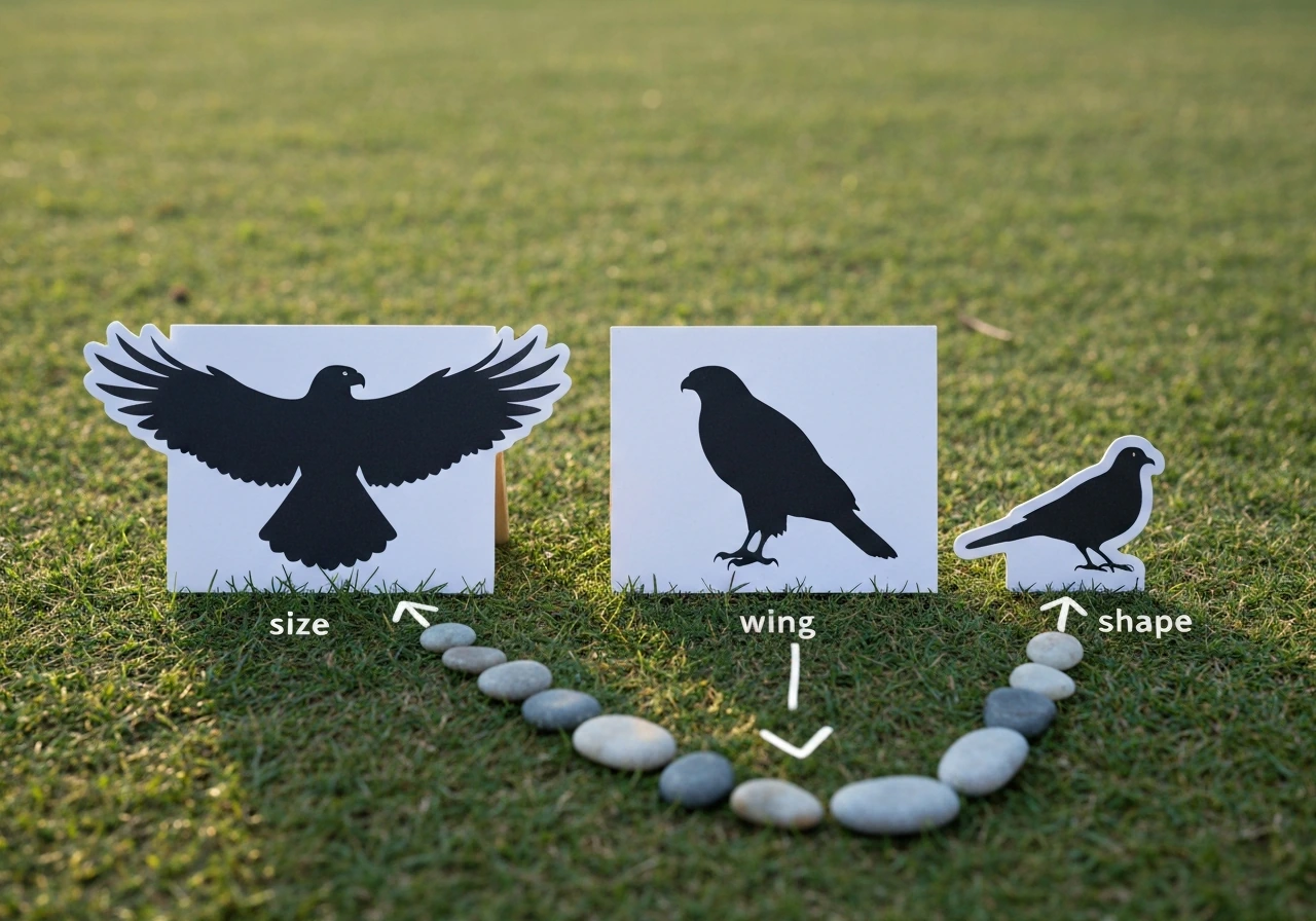 Outdoor bird ID setup with three contrasting bird silhouette cards and pebble arrow markers.