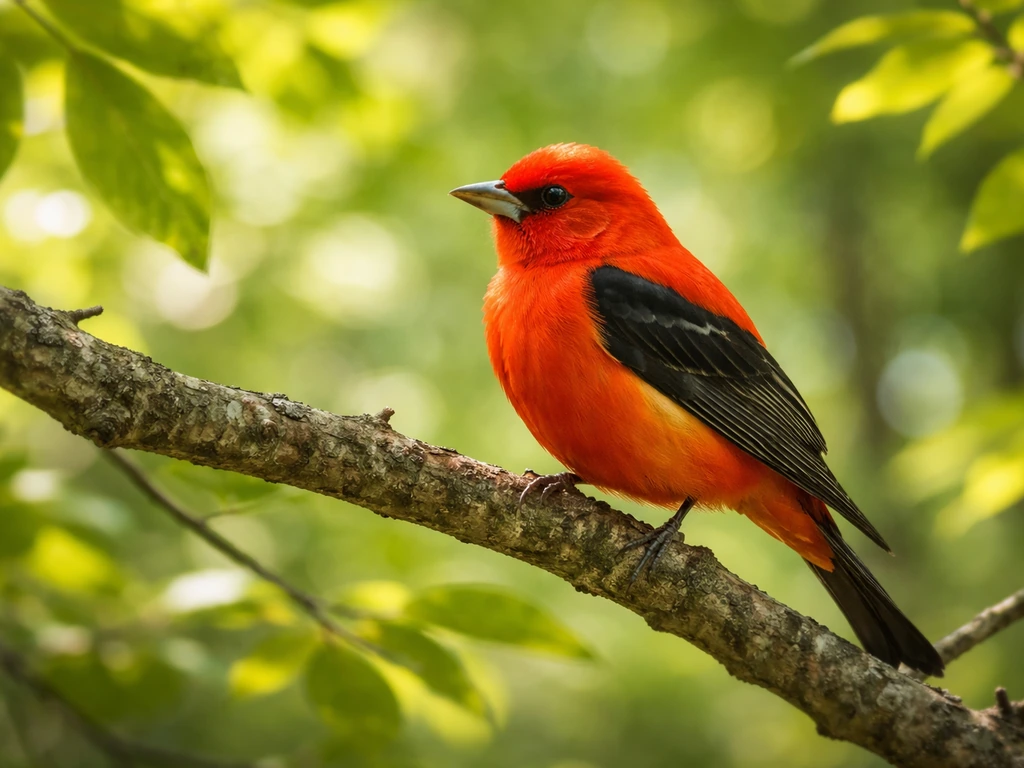 A scarlet tanager perched on a branch in sunlit greenery, vivid red feathers with soft bokeh background.