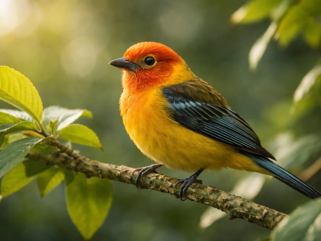Close-up of a bright tanager perched on green leaves with softly blurred forest background.