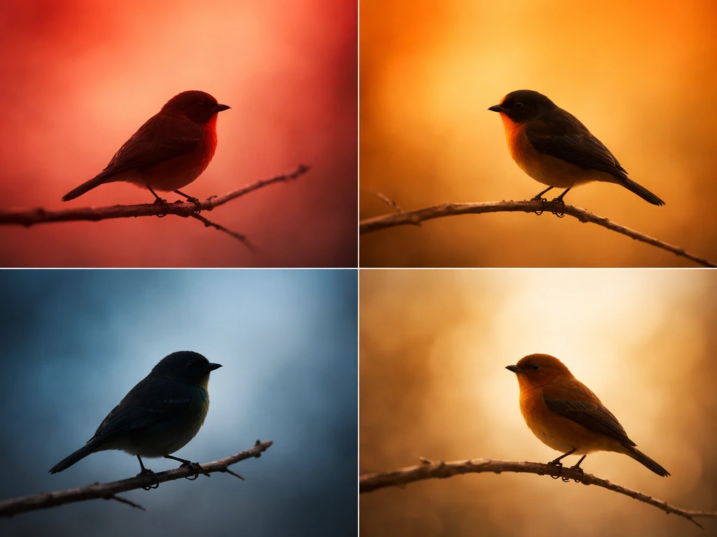 Four small bird silhouettes on a soft gradient background, each representing red, orange, blue, and golden tanagers.