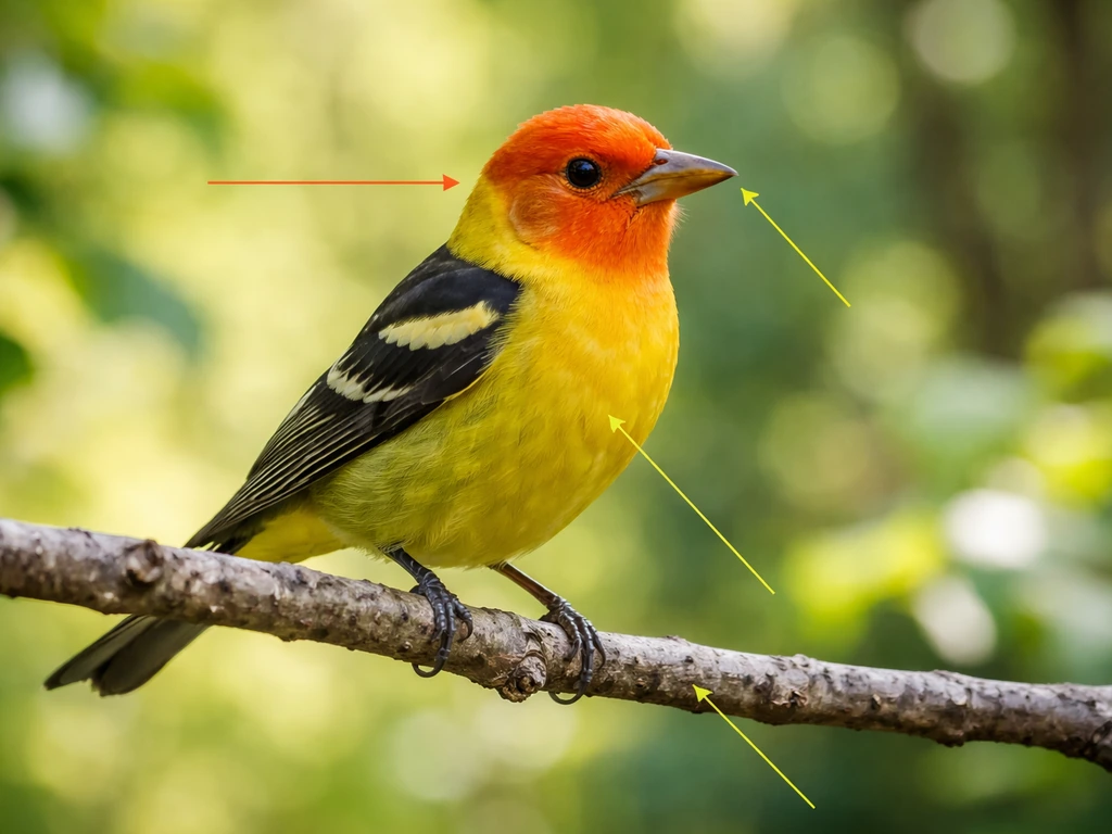 A tanager perched on a branch with simple arrow pointers highlighting color, beak, and location.