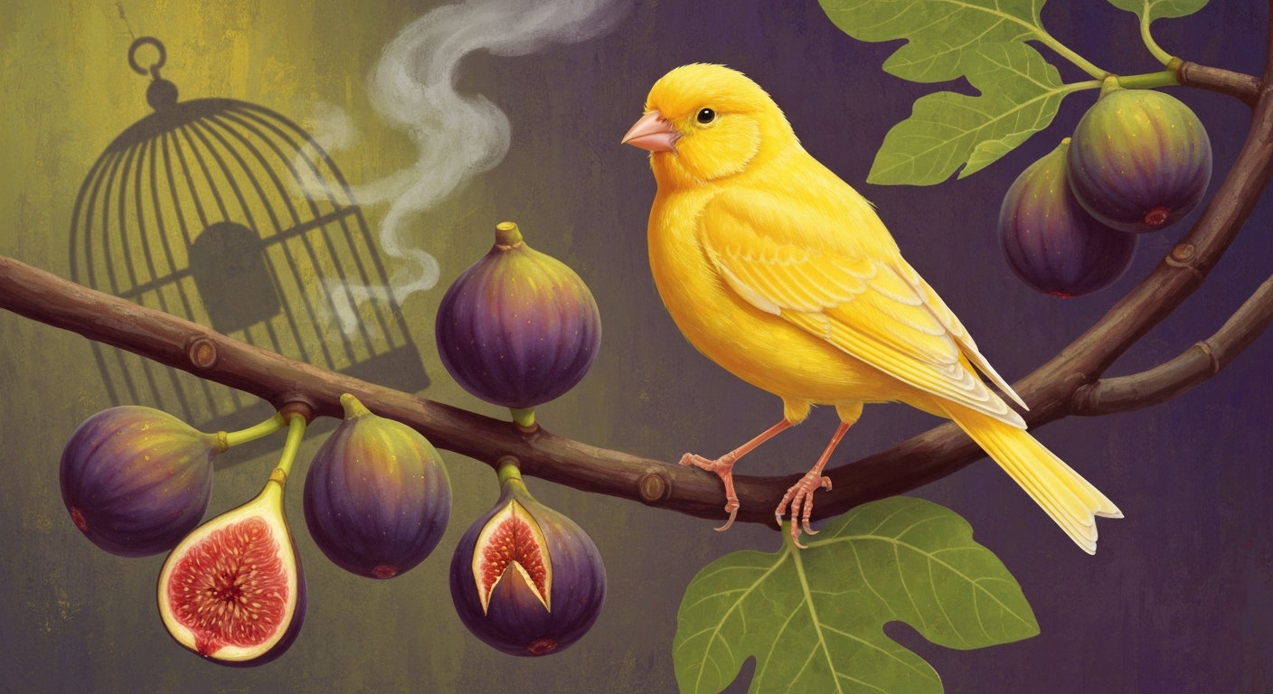 Illustration of a yellow canary perched among ripe figs on a fig branch, with a subtle cage shadow and a half-open fig; warm, bittersweet mood.