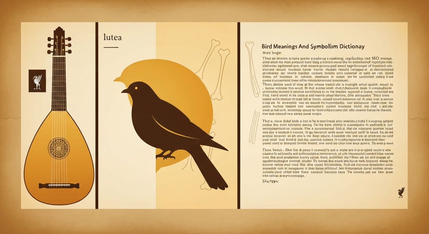 Conceptual collage showing a lute blending into a bird silhouette with fossil bone outlines and the Latin word 'lutea' — illustrating the multiple meanings behind 'lute meaning bird'.