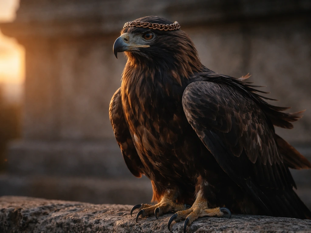 Golden eagle perched on stone with a bronze crown-like headpiece, framed by a temple wall at dusk.