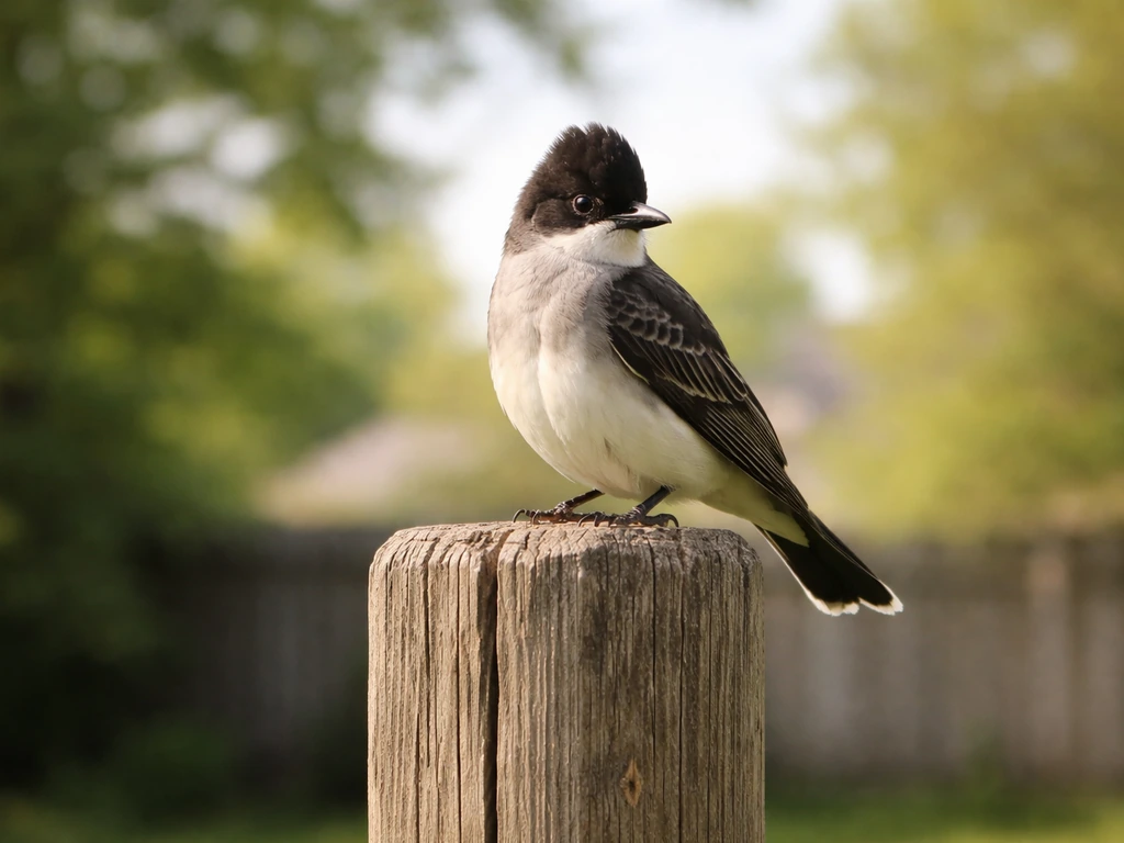 A kingbird perched on a backyard fence post, symbolizing “crown bird” in everyday life.