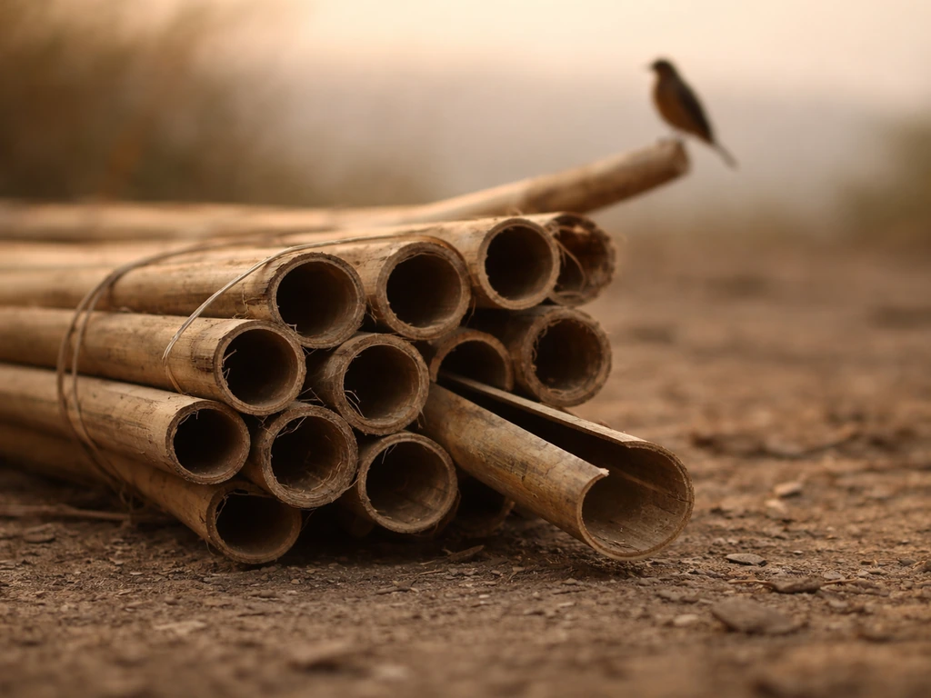 Close-up of hollow bamboo reeds with a small bird silhouette perched in soft natural light
