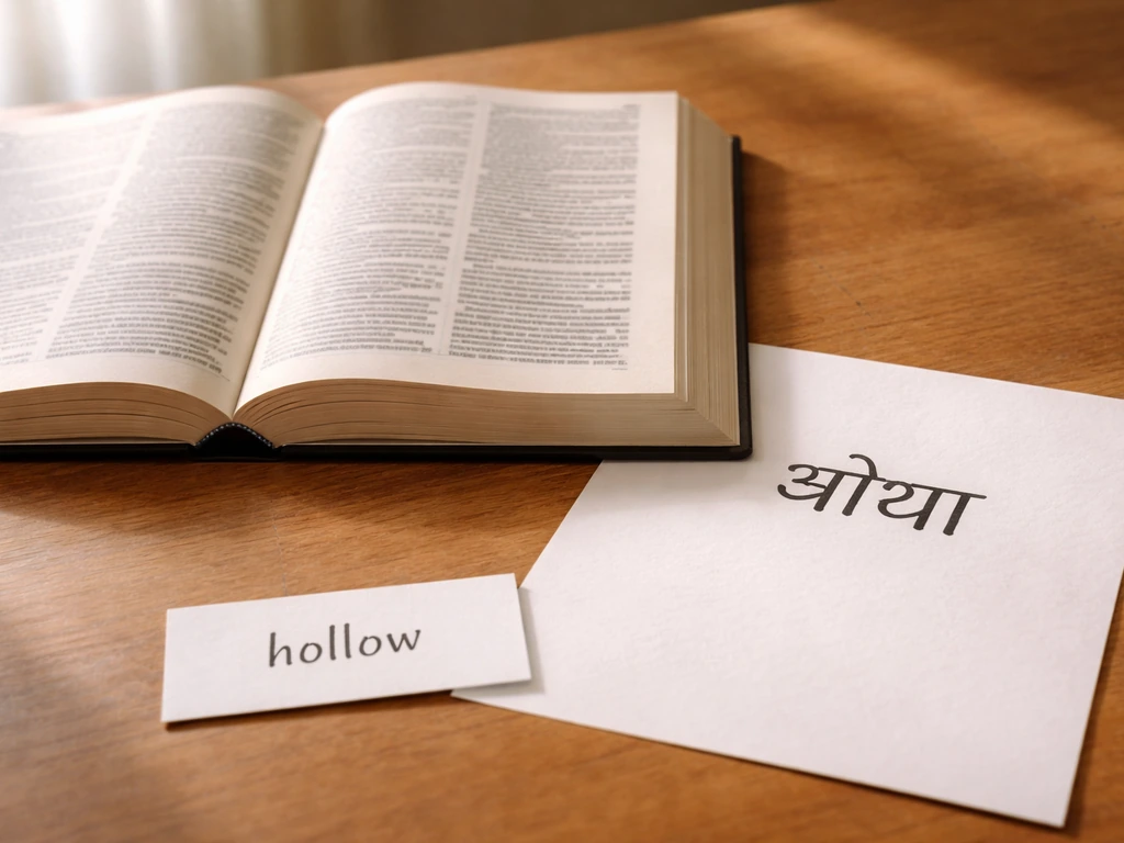 Open dictionary on a wooden table with a sheet showing Hindi “थोथा” and a card indicating “hollow”.