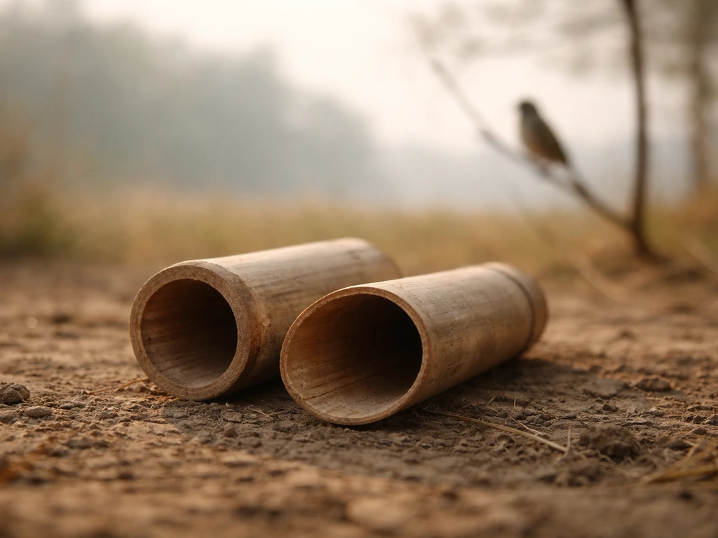 Hollow bamboo or reed segments on dry ground with a small bird perched in soft background blur.