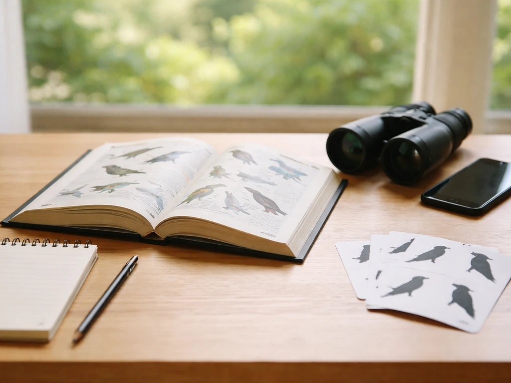 Desk with an open bird guide, blank notebook, binoculars, and bird silhouette cards for identification.