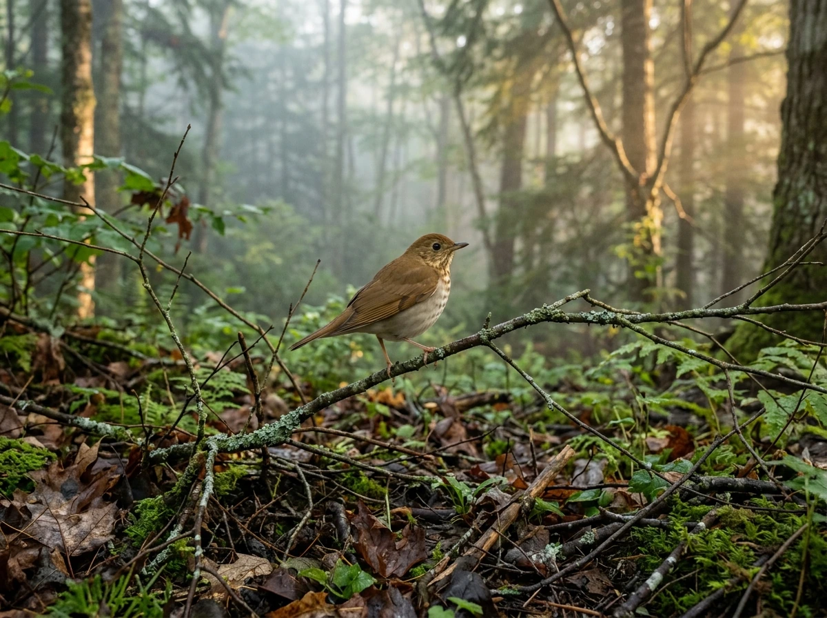 Veery bird in a misty woodland at dawn, showing melancholy-sounding song and renewal through natural environment.