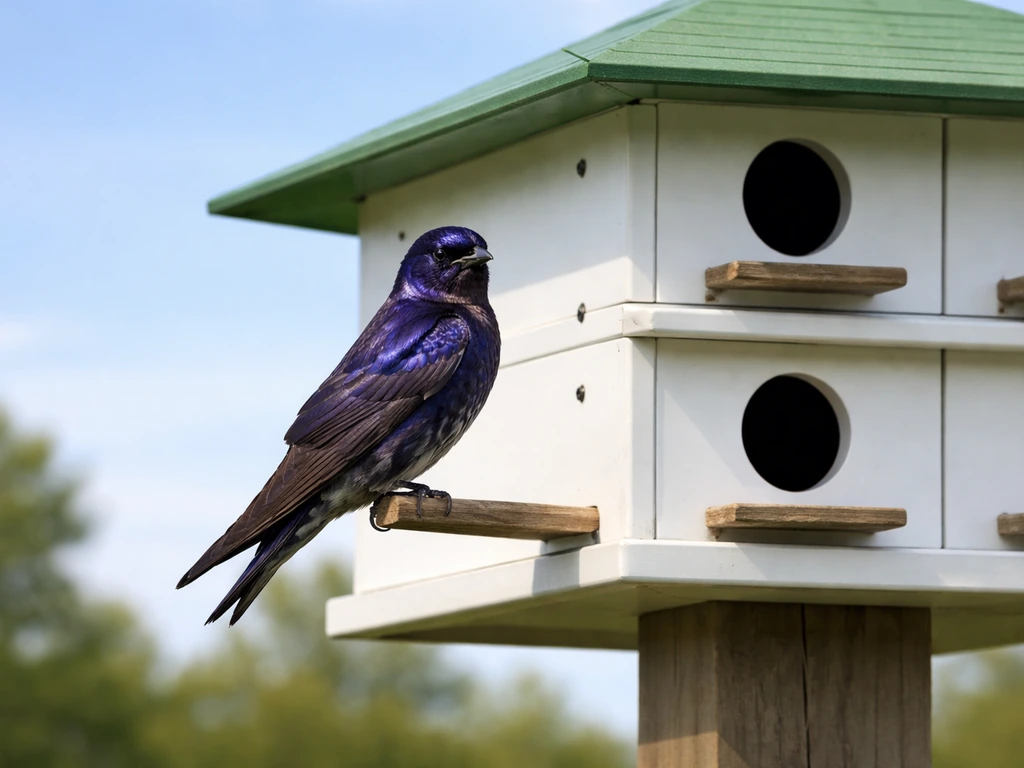 A purple martin perched near a multi-compartment martin house under soft daylight
