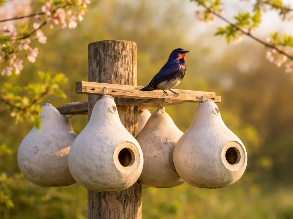 Purple martin returns to its nesting gourd at springtime in warm sunlight.