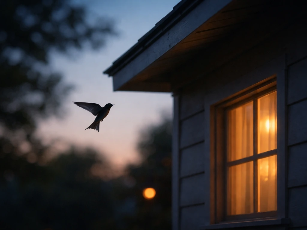 Silhouette of a martin hovering near a house eave at dusk, suggesting return and homecoming.