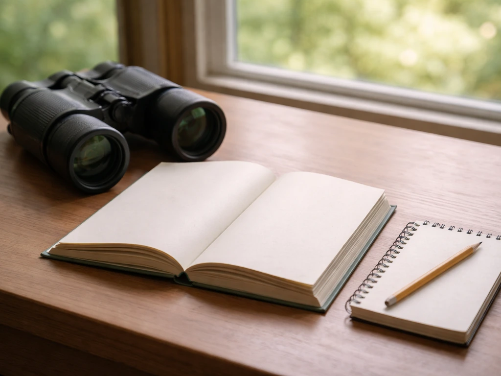 Minimal close-up of a cluttered desk with field guide, notebook, and binoculars suggesting bird-species identification.
