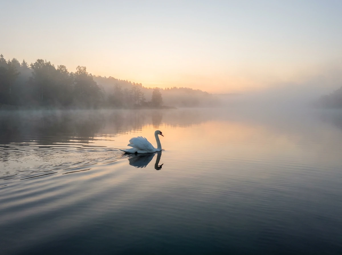 Swans on a misty lake representing swan bird meaning across nature, myths, dreams, and phrases.