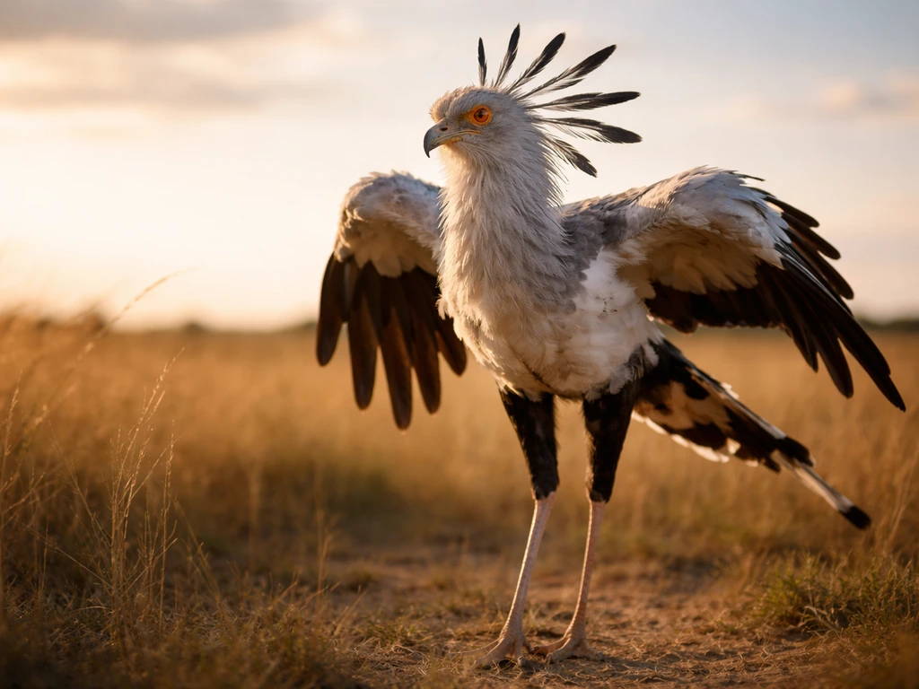 A secretary bird in a dramatic stance, symbolizing vigilance and protection in a cinematic setting.