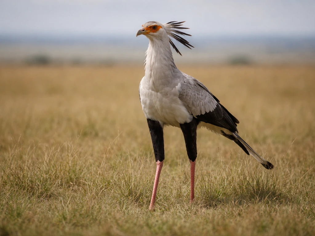 Secretary bird standing upright in African grassland, long legs and hunting posture in natural light