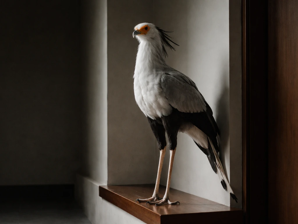 Secretary bird perched near a quiet office doorway, suggesting power and controlled authority.