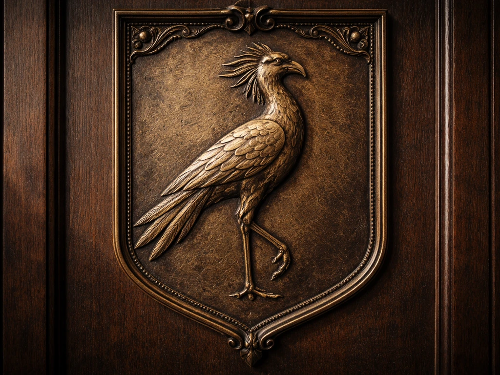 Embossed bronze plaque with a secretary bird heraldic silhouette on aged wood.