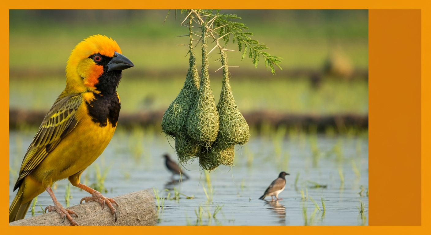 Adult male Baya Weaver with golden crown perched near hanging weaver nests in a rice-field habitat.