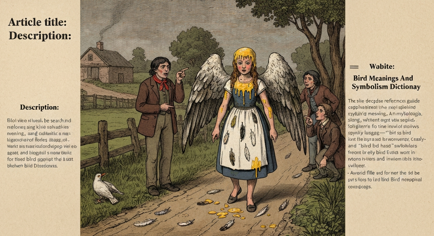 Folk-art style illustration of the heroine covered in honey and feathers walking down a road as villagers point and call her 'Fitcher's Bird.'