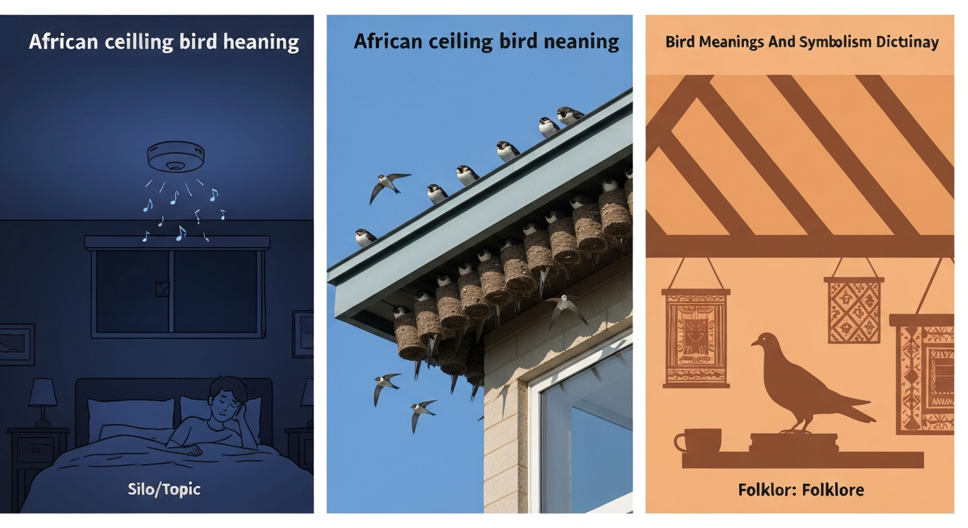 Three-part editorial illustration: (left) smoke detector chirping in a dark bedroom; (center) Little Swifts nesting under an eave; (right) stylized interior with a bird near rafters evoking folklore.