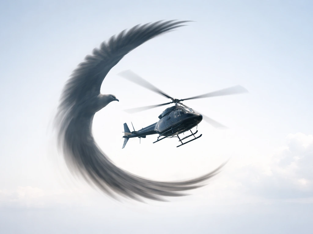 Helicopter in flight blending into a circling bird silhouette against a clear sky, dynamic and minimal.