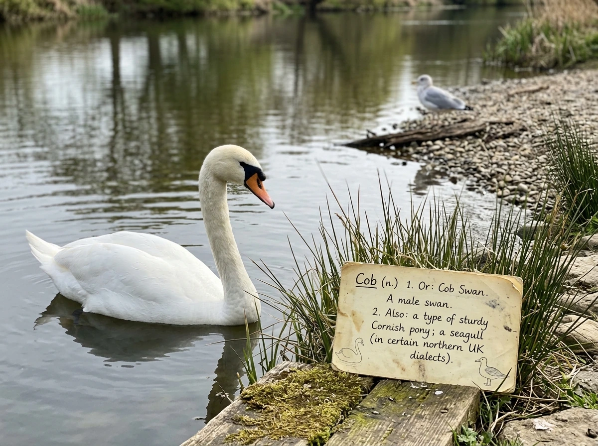 Riverside mute swan with coastal gull cues to represent “cob bird meaning” literal vs folk use.