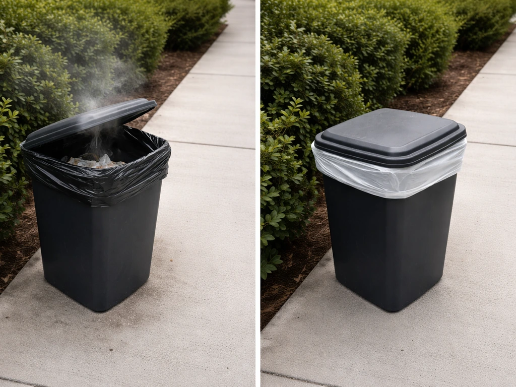Trash bin with subtle haze suggesting a foul smell, contrasted with a clean nearby bin area.