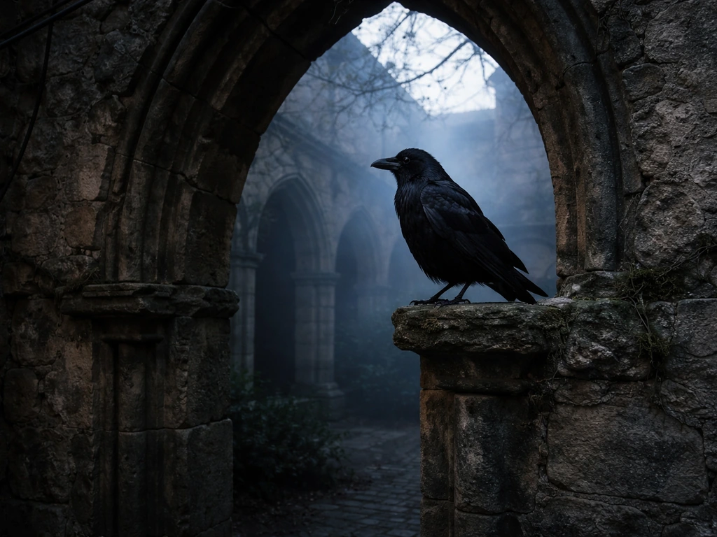 Dark crow perched on a weathered stone doorway in a gloomy old courtyard at dusk.