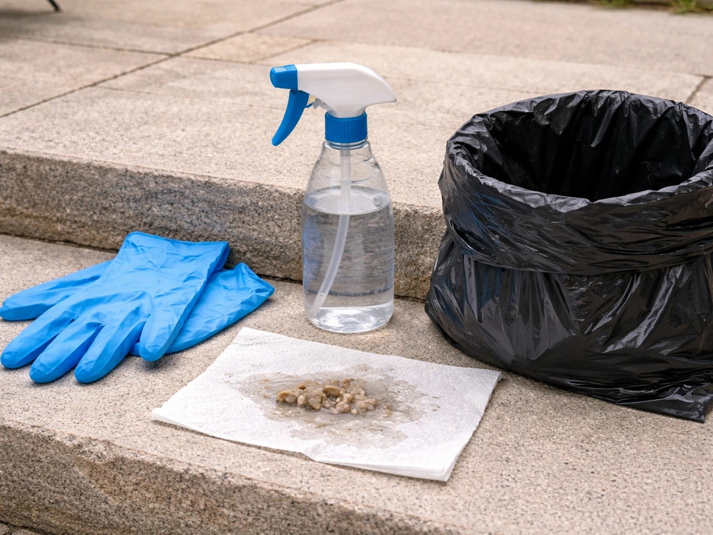 Disposable nitrile gloves and a spray bottle beside a prepared disposal bag for safe bird waste cleanup