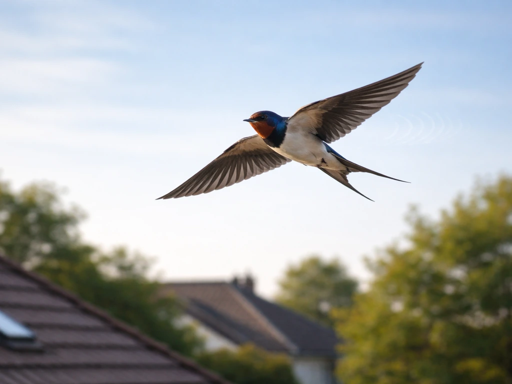 A swallow flying above rooftops with soft sky background, suggesting bird calls through subtle sound-wave motion.