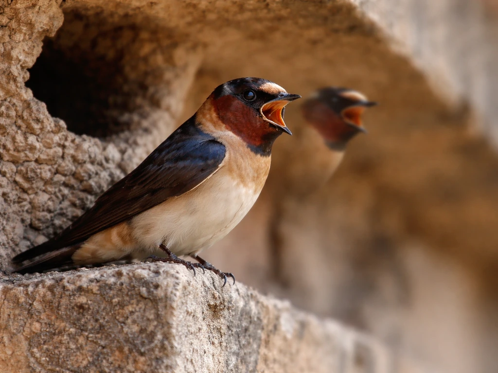 A cliff swallow perched near a nest on a building edge with its mouth open mid-call.