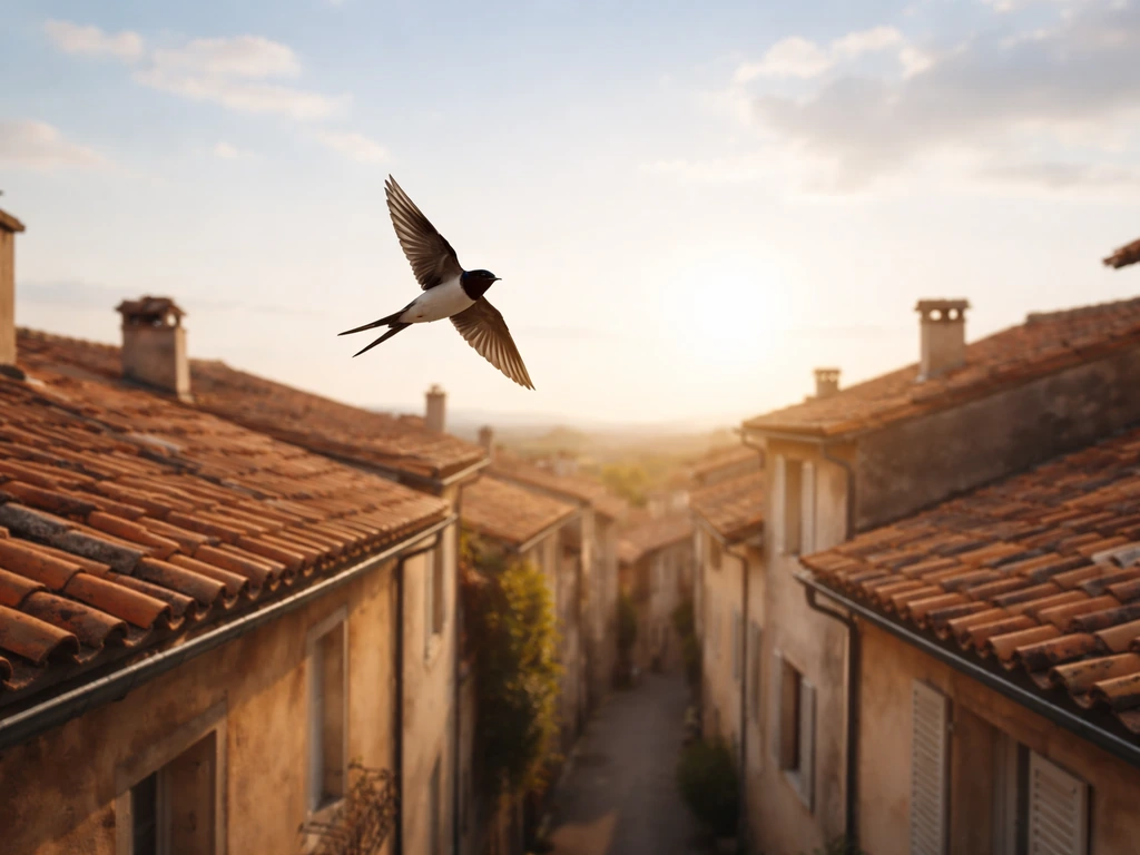 A swallow in flight above warm European rooftops at golden hour, evoking home and hope symbolism.