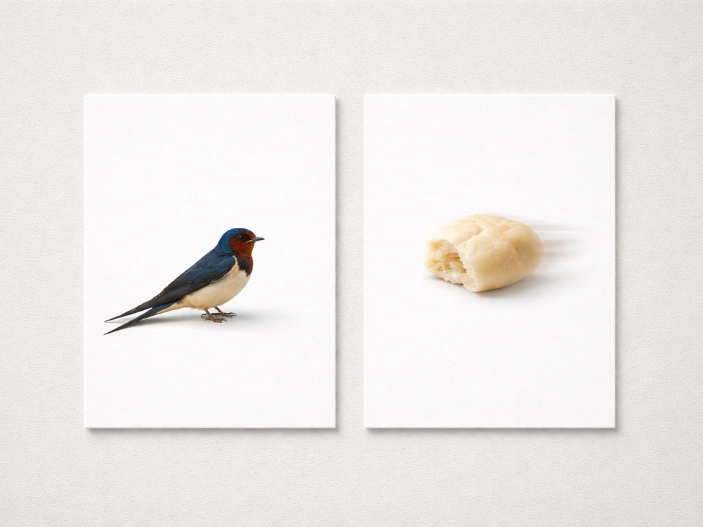 Two simple cards side by side showing a swallow bird vs a generic food bite on a neutral table.
