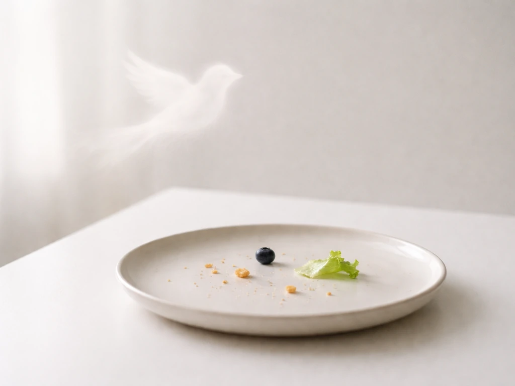 Dining plate with tiny portions beside an airy bird silhouette, symbolizing “she eats like a bird meaning.”