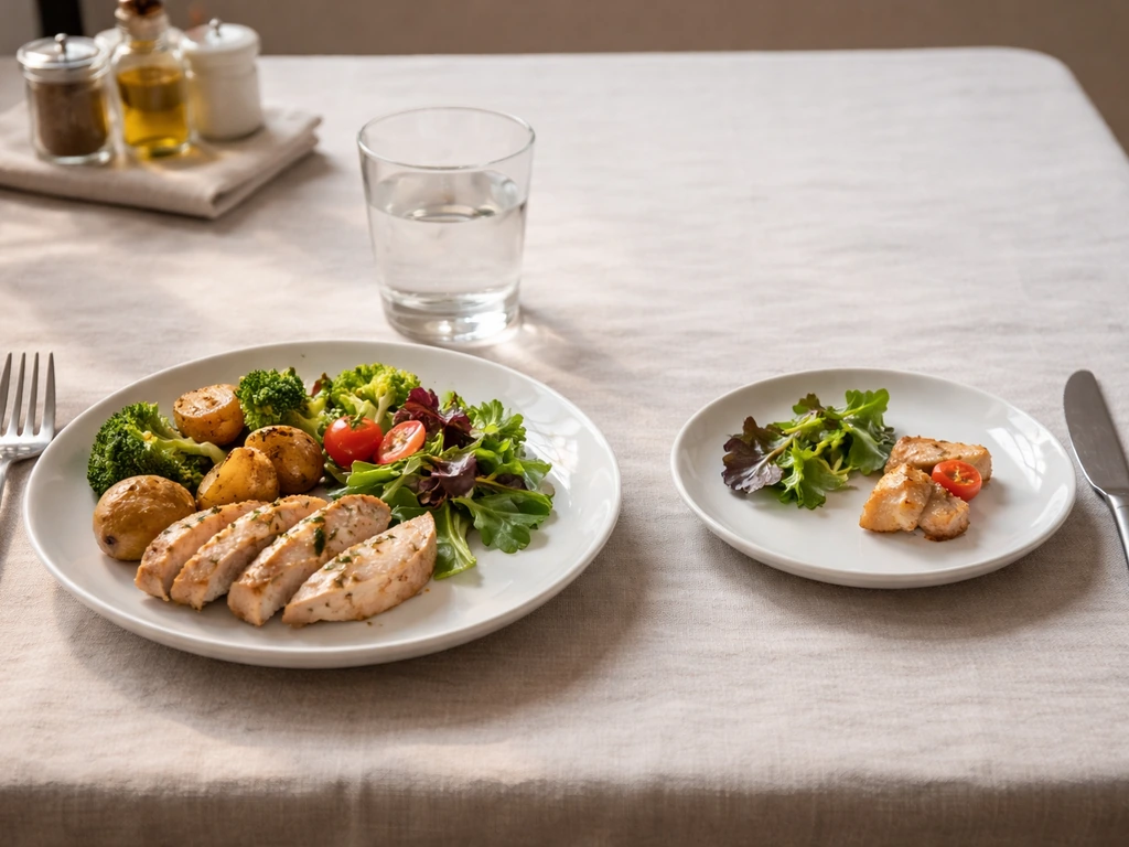 Table with a normal-sized plate and a smaller dainty plate, showing tiny portions like a “bird.”