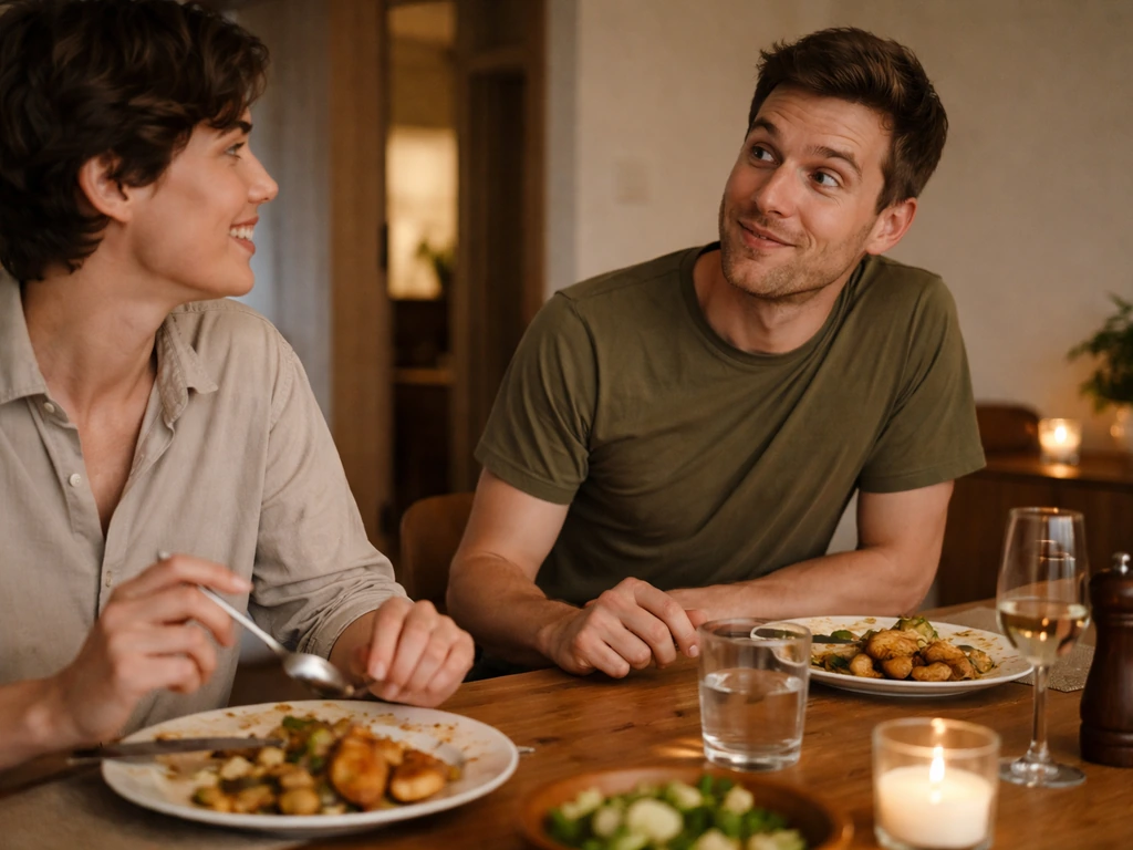 Two people at a simple dinner table, one gesturing as if commenting, the other reacting in surprise.