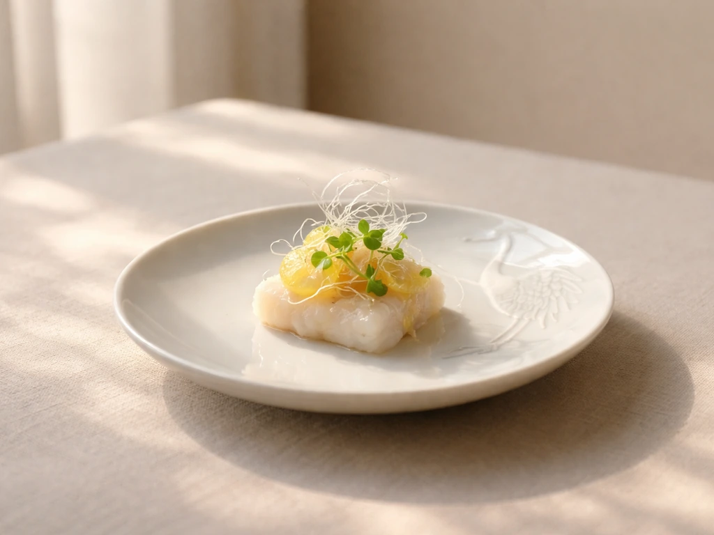Delicate bird-like crane motif beside a small plated bite, symbolizing admiration and envy in context.