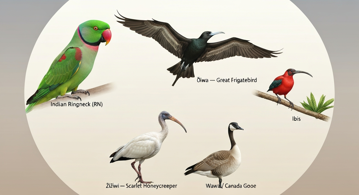 Collage of five birds commonly confused with the search 'irn bird': Indian Ringneck parakeet, great frigatebird (ʻiwa), ʻiʻiwi honeycreeper, ibis, and Canada goose, each labeled.