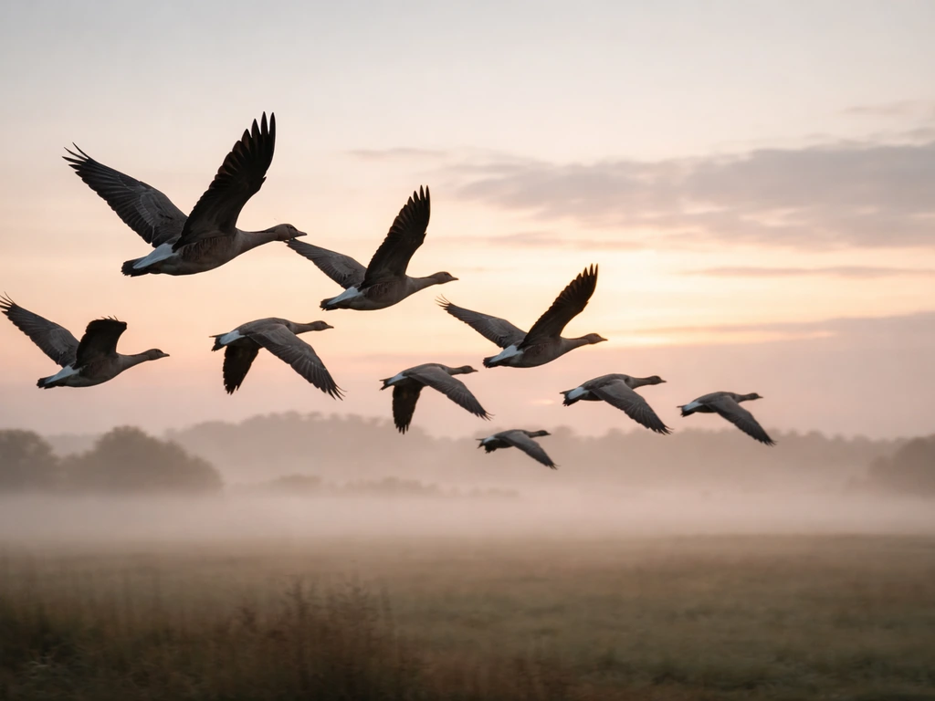 Wild geese fly at dawn over misty fields with wings spread as sunrise light breaks through clouds.
