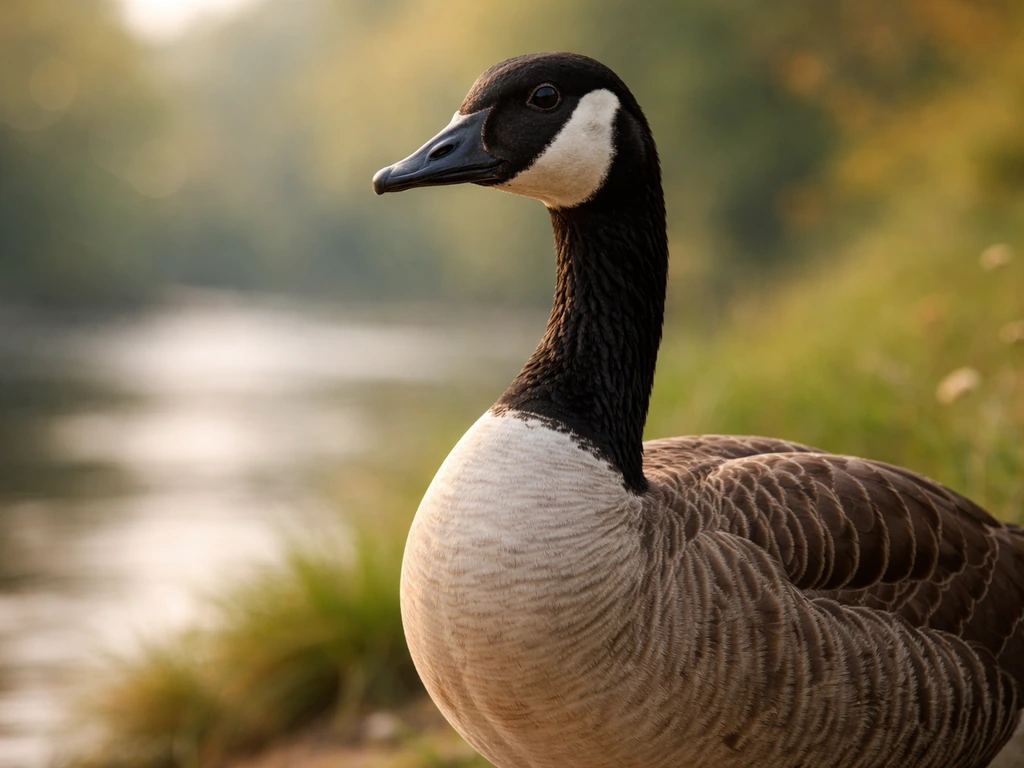 Close-up of a goose in soft-focus nature, highlighting plumage and beak with subtle seasonal symbolism