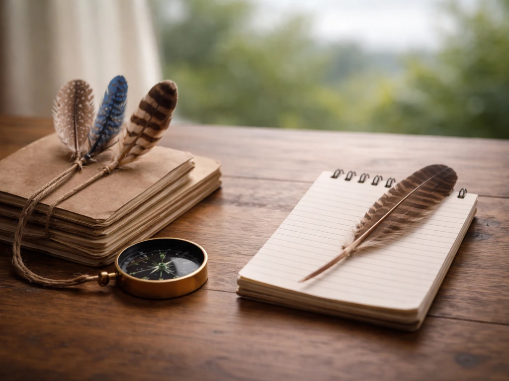 An outdoor-themed desk with blank notes and bird-feather markers, suggesting how to decode an ambiguous “wawa bird.”