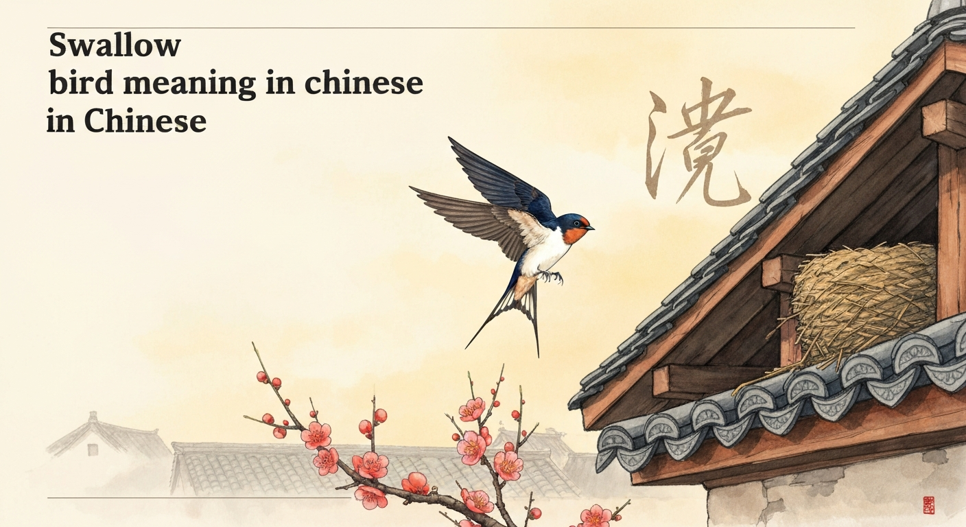 Watercolor-ink illustration of a barn swallow returning to its nest under the eaves of a traditional Chinese courtyard, with plum blossoms and the character 燕 in the sky.