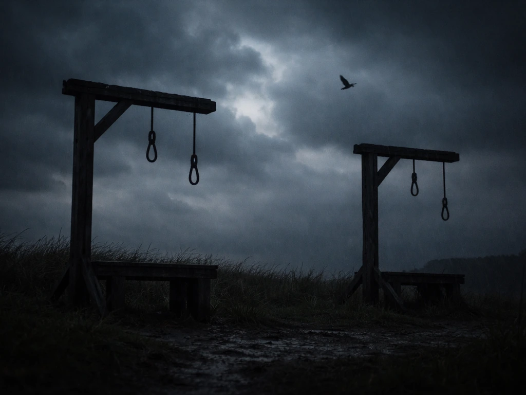 Stormy sky with dark wooden gallows silhouettes and a subtle bird shape foreshadowing the idiom meaning.