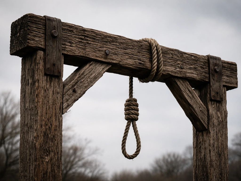 Close-up of an old rustic wooden gallows structure with rough timber details, evoking execution-related imagery.